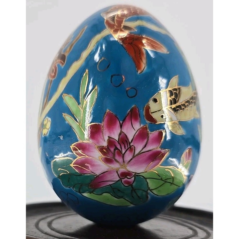 Ceramic Emu Egg- Koi Fish in Pond Graphic- Unique - 7 Oz Enamel Ceramic Egg